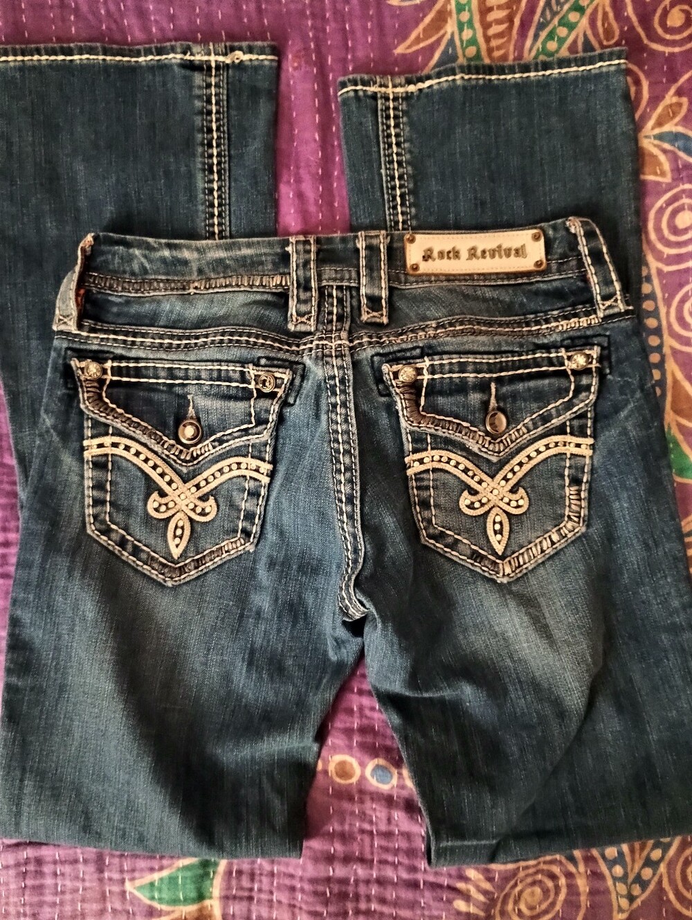 Rock Revival Dark Blue Boot Cut Jeans with Embroidered Back Pockets